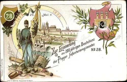 Litho Praha Prag, 200 Jahrfeier Prager Infanterieregiment No. 28, Stadtansicht