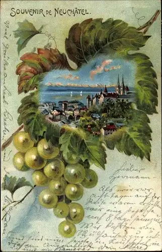 Präge Weinblatt Litho Neuchâtel Kanton Neuenburg, Blick auf den Ort