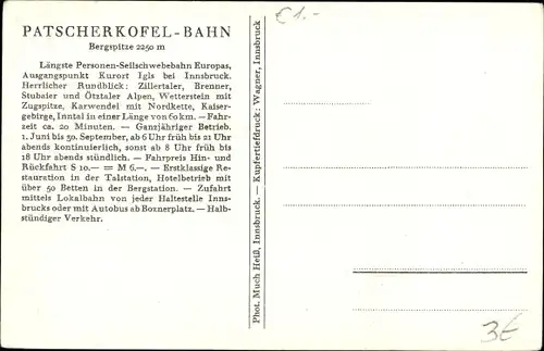 Ak Innsbruck Tirol, Patscherkofel, Seilbahn