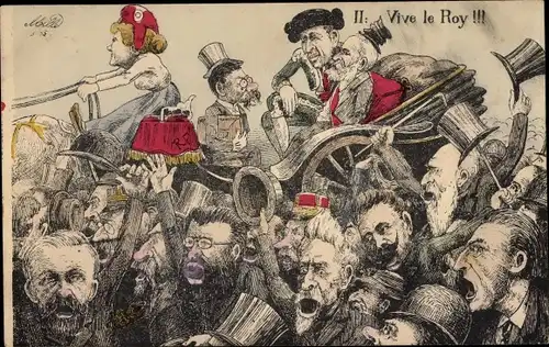 Künstler Ak Vive le Roy, Karikatur, Alfons XIII von Spanien, Emile Loubet, Marianne als Kutscherin