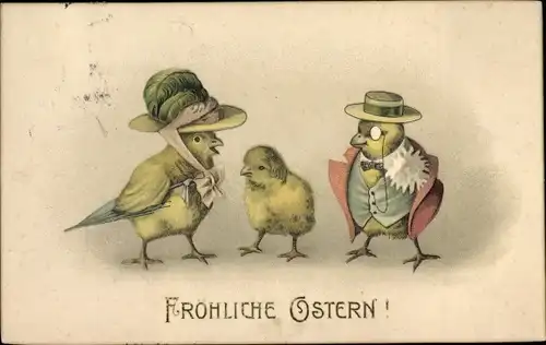 Ak Glückwunsch Ostern, Herausgeputzte Kükenfamilie