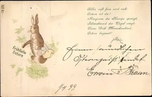 Präge Ak Glückwunsch Ostern, Osterhase mit Eierkorb
