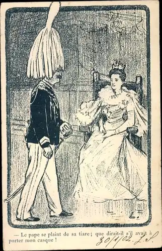 Künstler Ak Königin Alexandra von Großbritannien empfängt Kaiser Wilhelm II, Karikatur