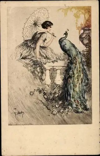 Künstler Ak Frau mit Sonnenschirm, Pfau