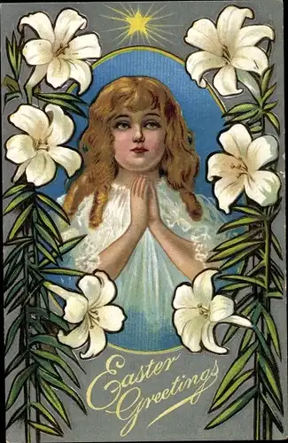 Ak Glückwunsch Ostern, Betendes Mädchen, Lilien