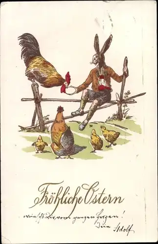 Ak Glückwunsch Ostern, Osterhase und Hühner, Küken, Hahn