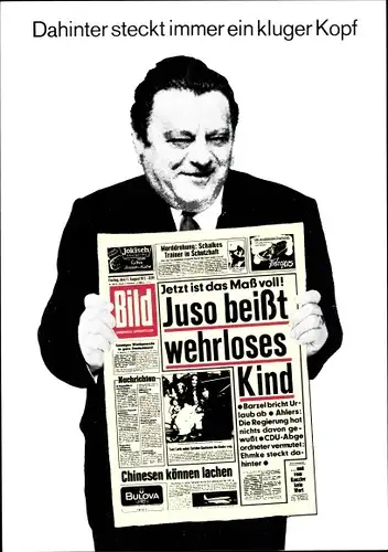 Künstler Ak Staeck, Klaus, Franz Josef Strauß, Bild-Zeitung, Juso beißt wehrloses Kind, Satire