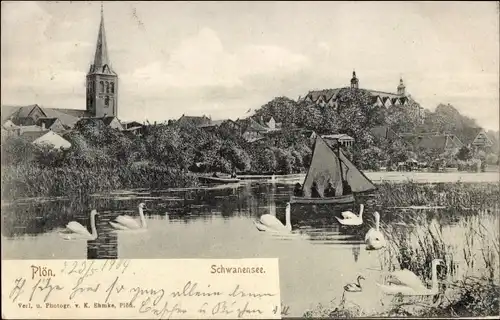 Ak Plön in Holstein, Schwanensee, Kirche