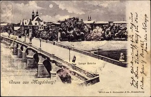 Mondschein Ak Magdeburg an der Elbe, Lange Brücke