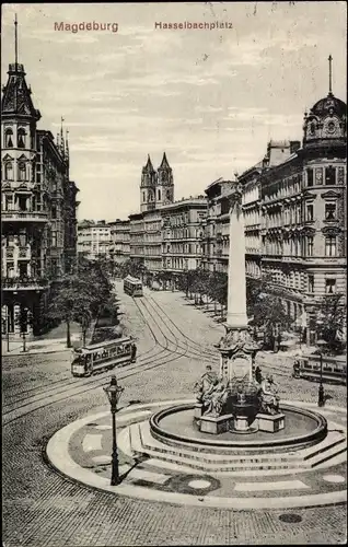 Ak Magdeburg an der Elbe, Hasselbachplatz, Denkmal, Straßenbahnen