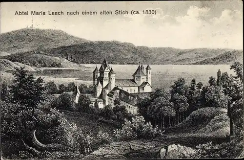 Ak Glees Eifel, Abtei Maria Laach, Laacher See, Alter Stich, Ca. 1830