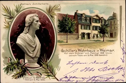 Litho Weimar in Thüringen, Blick auf Schillers Wohnhaus, Büste