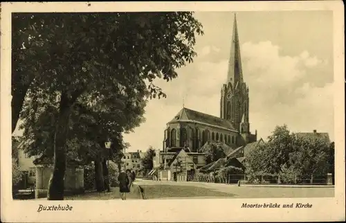 Ak Buxtehude in Niedersachsen, Moortorbrücke und Kirche