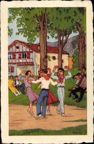 Künstler Ak Le Tanneur, J., Pyrénées Atlantiques, Le fandango, Tanzende Menschen, Akkordeon