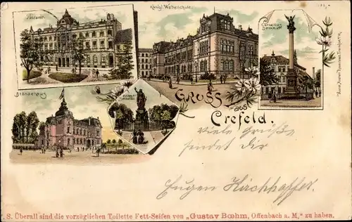 Litho Krefeld am Niederrhein, Cornelius Denkmal, Postamt, Ständehaus, Webeschule