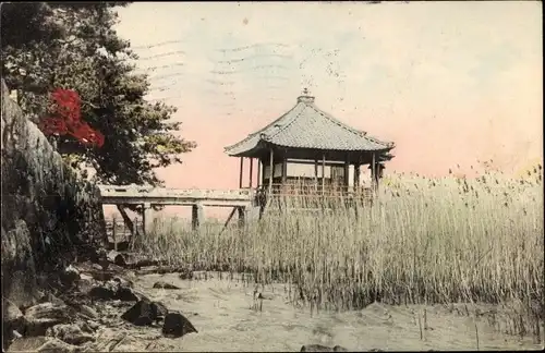 Ak Japan, Tempel am Wasser, Brücke, Blumen, Wassergras