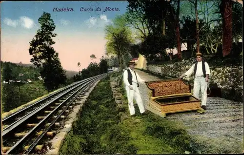 Ak Insel Madeira Portugal, Carro de Monte, Sessel mit Trägern neben Bahnstrecke