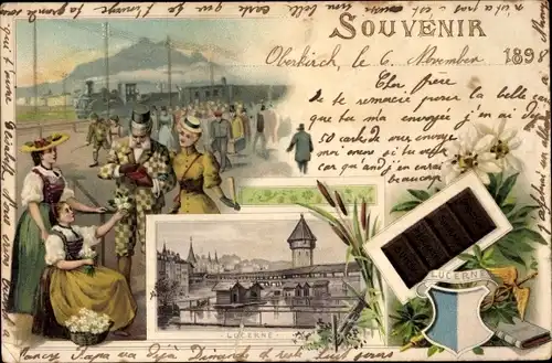 Litho Luzern Stadt Schweiz, Chocolat Suchard, Wappen, Blumenverkäuferin, Gedeckte Brücke