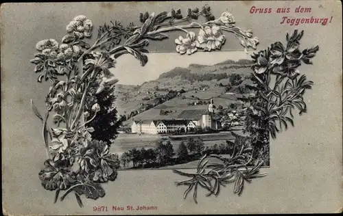 Passepartout Ak Neu Sankt Johann Nesslau Kanton St Gallen, Blick auf den Ort mit Kloster