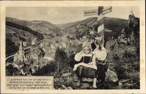 Ak Lauterbach im Schwarzwald, Han i mei Strumpf verloren, weinendes Mädchen, Blick auf den Ort