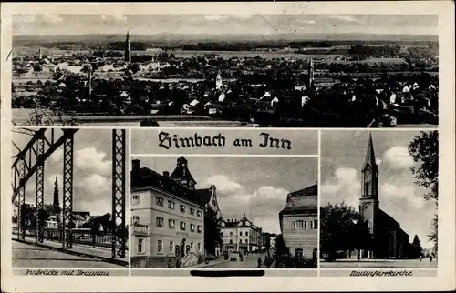 Ak Simbach am Inn Niederbayern, Stadtpfarrkirche, Innbrücke, Blick auf den Ort