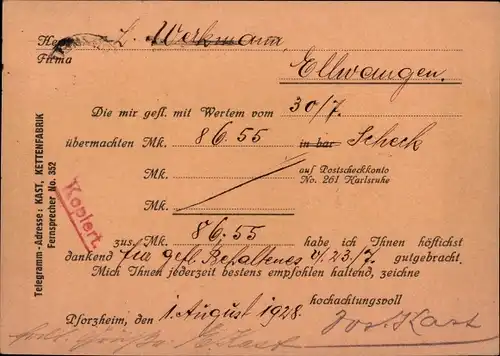 Ak Pforzheim im Schwarzwald, Jos. Kast, Kettenfabrik, Reklame