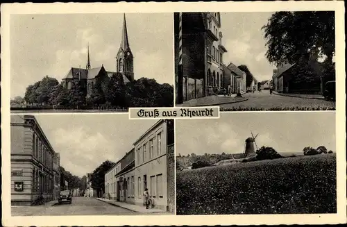 Ak Rheurdt am Niederrhein, Kirche, Straßenpartie, Panorama, Windmühle