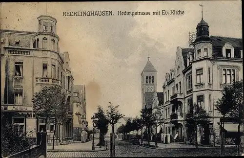 Ak Recklinghausen im Ruhrgebiet, Hedwigstraße, Ev. Kirche, Geschäft Möllers