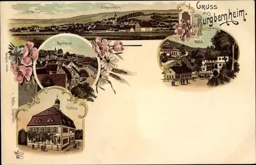 Litho Burgbernheim in der Frankenhöhe Bayern, Marktplatz, Rathaus, Wildbad, Stadtansicht