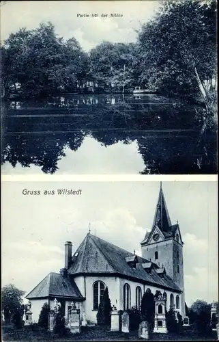 Ak Wilstedt Tangstedt bei Hamburg in Schleswig Holstein, Kirche, Wasserpartie, Mühle