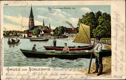 Litho Schleswig in Schleswig Holstein, Der Dom vom Kloster aus, Boote, Ruderer