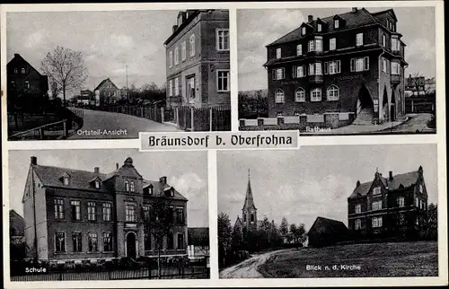 Ak Bräunsdorf Limbach Oberfrohna Sachsen, Rathaus, Kirche, Schule, Teilansicht