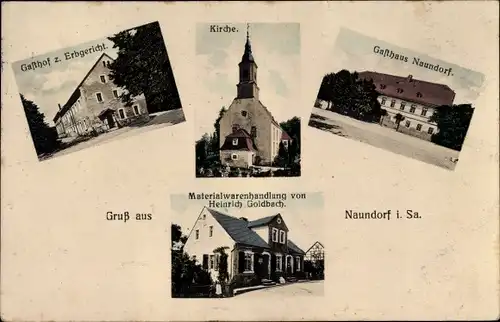 Ak Naundorf Bobritzsch Hilbersdorf im Erzgebirge, Kirche, Gasthaus Erbgericht, Materialwarenhandlung