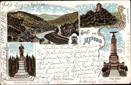 Litho Altena in Westfalen, Kriegerdenkmal, Bismarckdenkmal, Schloss, Totalansicht