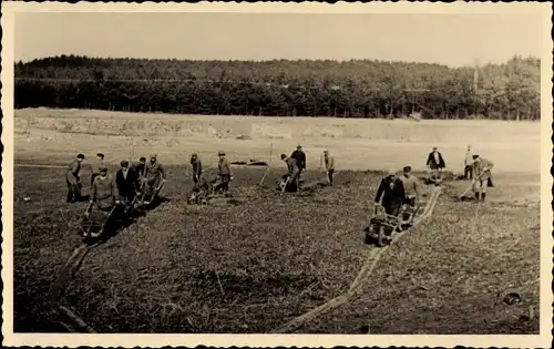 Foto Ak Reinharz Bad Schmiedeberg in der Dübener Heide, Straßenbau, Transport mit Karren