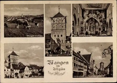 Ak Wangen im Allgäu, Kath. Stadtpfarrkirche, Herrenstraße, Ravensburger Tor, Rinder, Martinstor