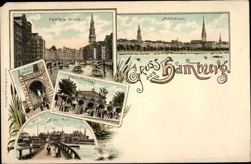 Litho Hamburg Mitte Altstadt, Alsterdamm, Fleet beim Grimm, Alster Pavillon, Arkaden, Quai