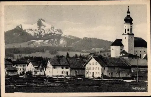 Ak Wertach im Allgäu, Blick auf den Ort mit Grünten, Kirche