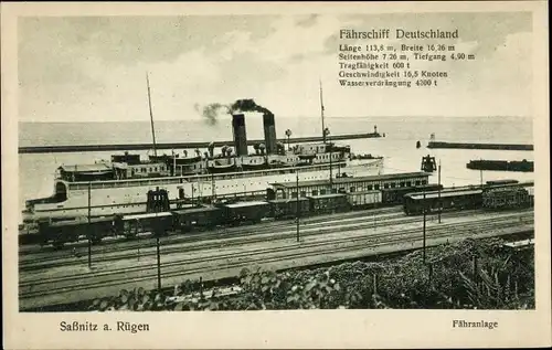 Ak Sassnitz auf Rügen, Fährschiff Deutschland an der Fähranlage, Gleise