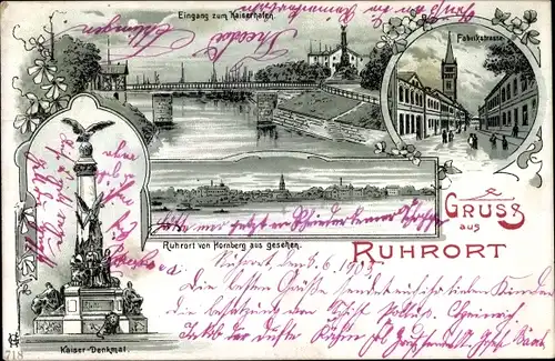 Litho Ruhrort Duisburg Nordrhein Westfalen, Panorama, Fabrikstraße, Kaiser Denkmal