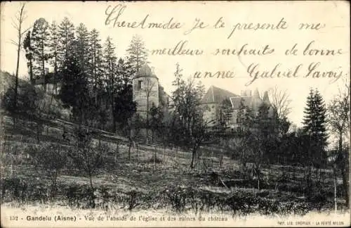 Ak Gandelu Aisne, Vue de l'abside de l'Eglise, Ruines du Chateau