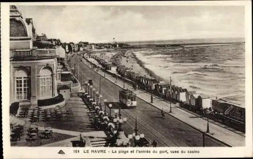 Ak Le Havre Seine Maritime, La plage, L'Entree du port, tramway