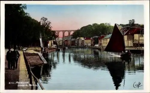 Ak Morlaix Finistère, Entree du Port, viaduc, Segelboot