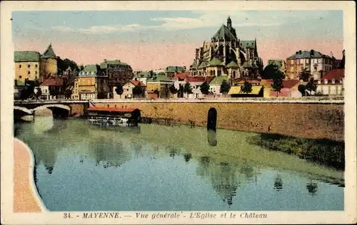 Ak Mayenne commune, Vue generale, L'Eglise, Le Chateau