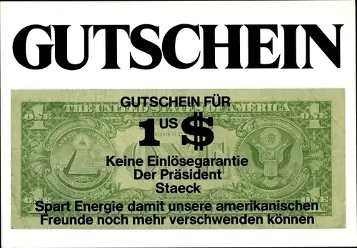 Künstler Ak Staeck, Klaus, Gutschein für 1 US-Dollar, Satire