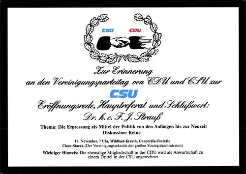 Künstler Ak Staeck, Klaus, Vereinigungsparteitag von CDU und CSU, Franz Josef Strauß, Satire