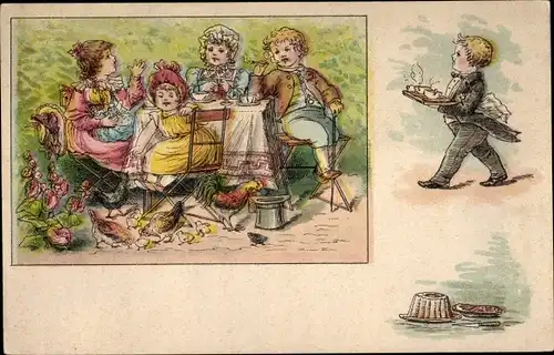 Ak Kinder an der Kaffeetafel im Garten, Hühner