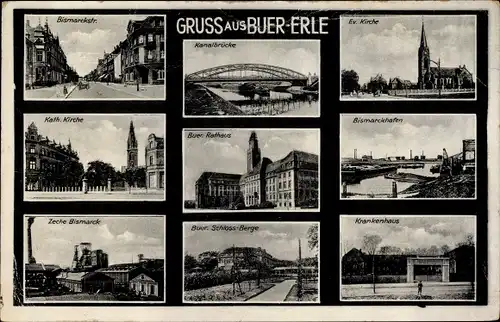 Ak Buer Erle Gelsenkirchen im Ruhrgebiet, Bismarckhafen, Krankenhaus, Schloss, Rathaus, Zeche