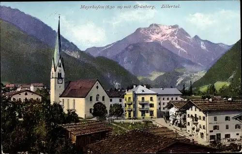 Ak Mayrhofen im Zillertal Tirol, Blick auf den Ort mit Grünberg