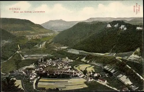 Ak Honau Lichtenstein in Baden Württemberg, Blick vom Schloss auf den Ort